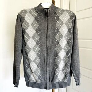 Cozy Men's Gray White Argyle Zip Up Long Sleeves‎ Sweater Cardigan Size Large